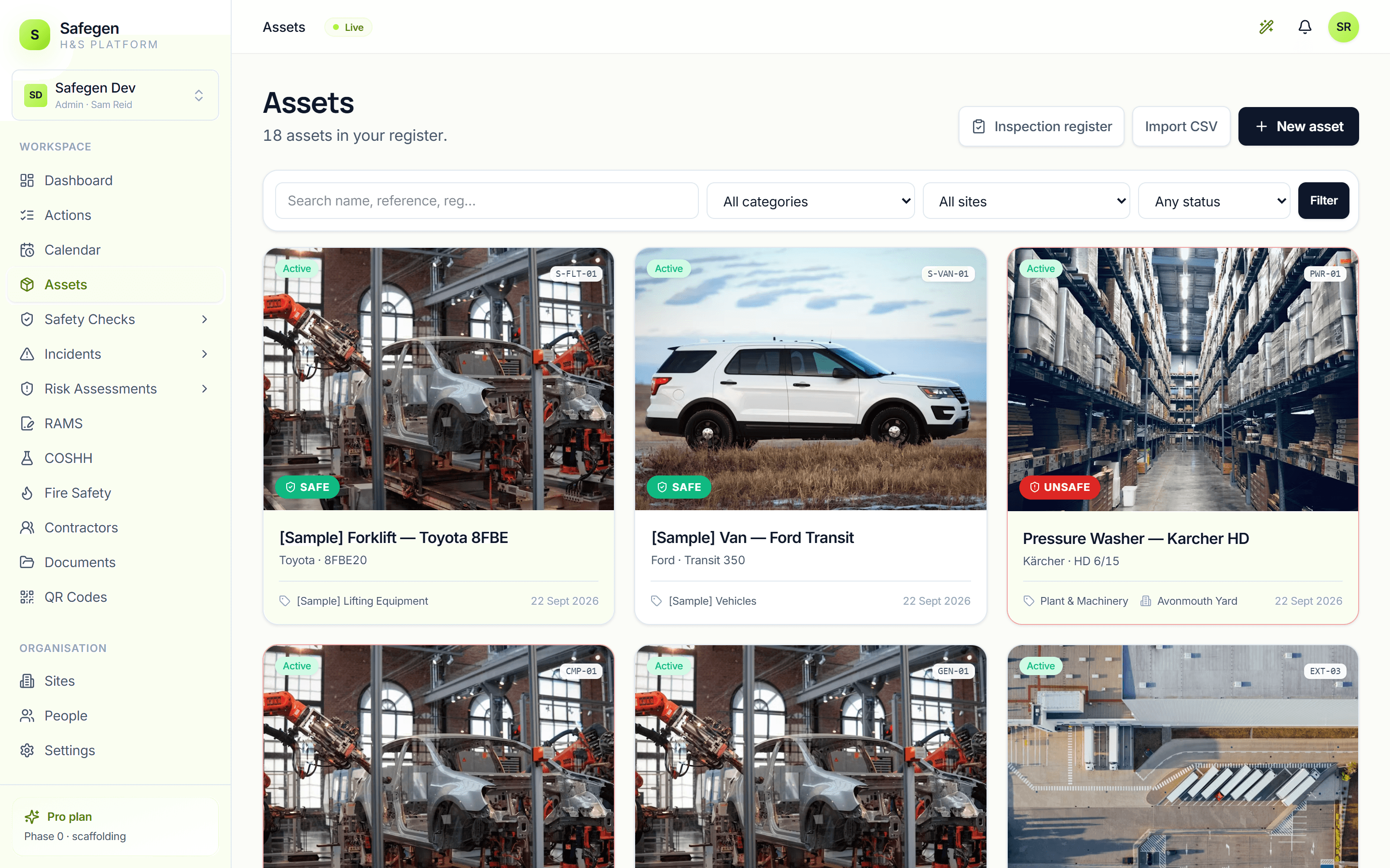 The asset register filtered to vehicles, each with its compliance status