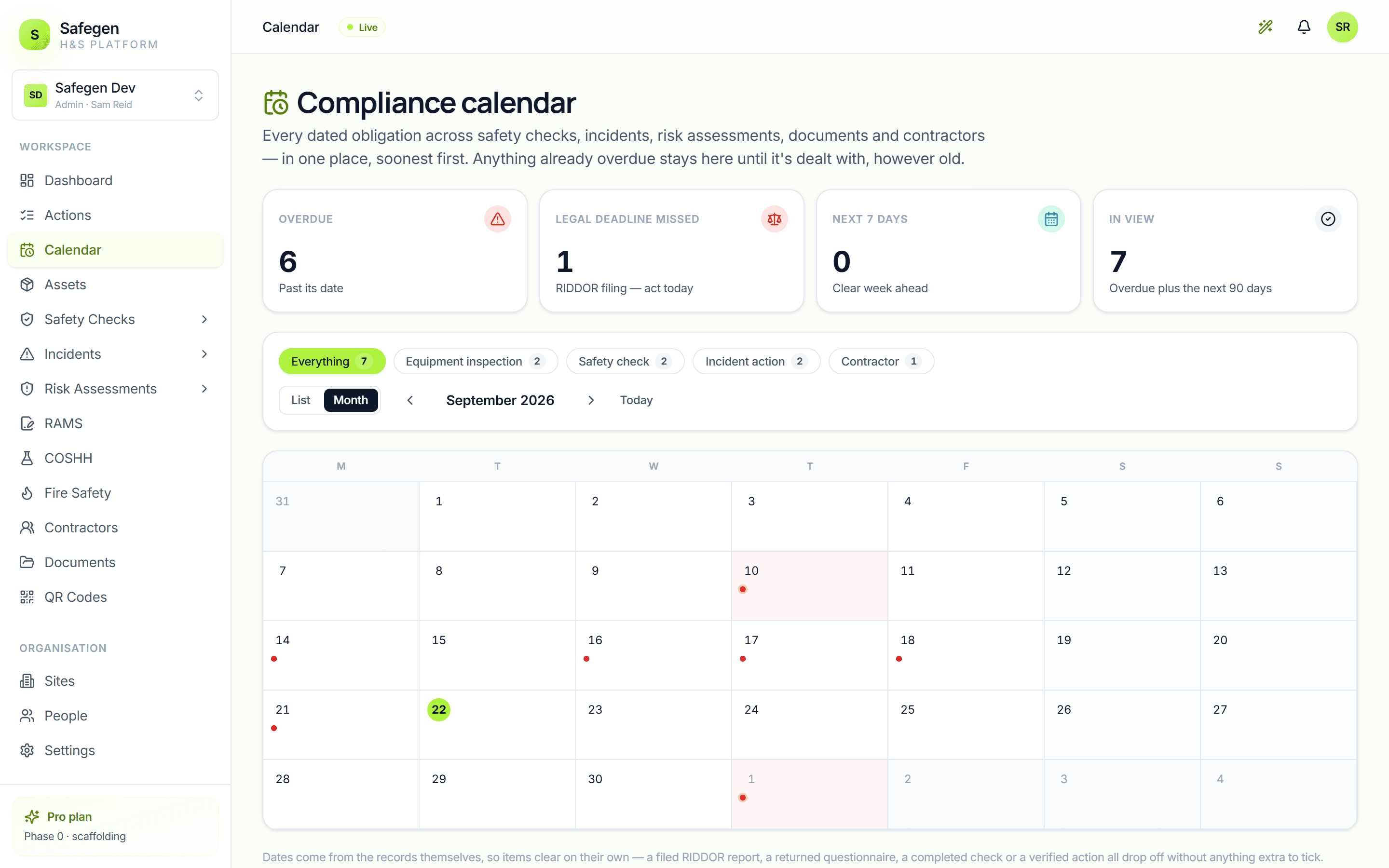 The compliance calendar month grid with due items