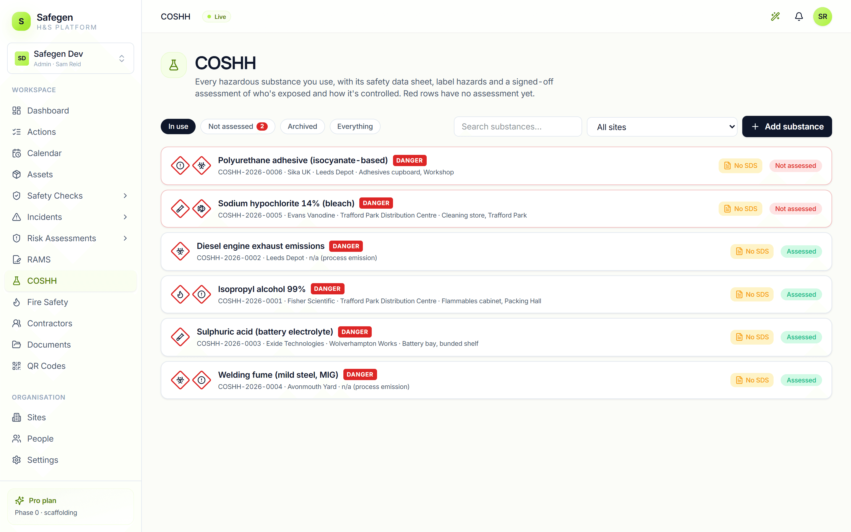 The COSHH register showing substances, pictograms and assessment status