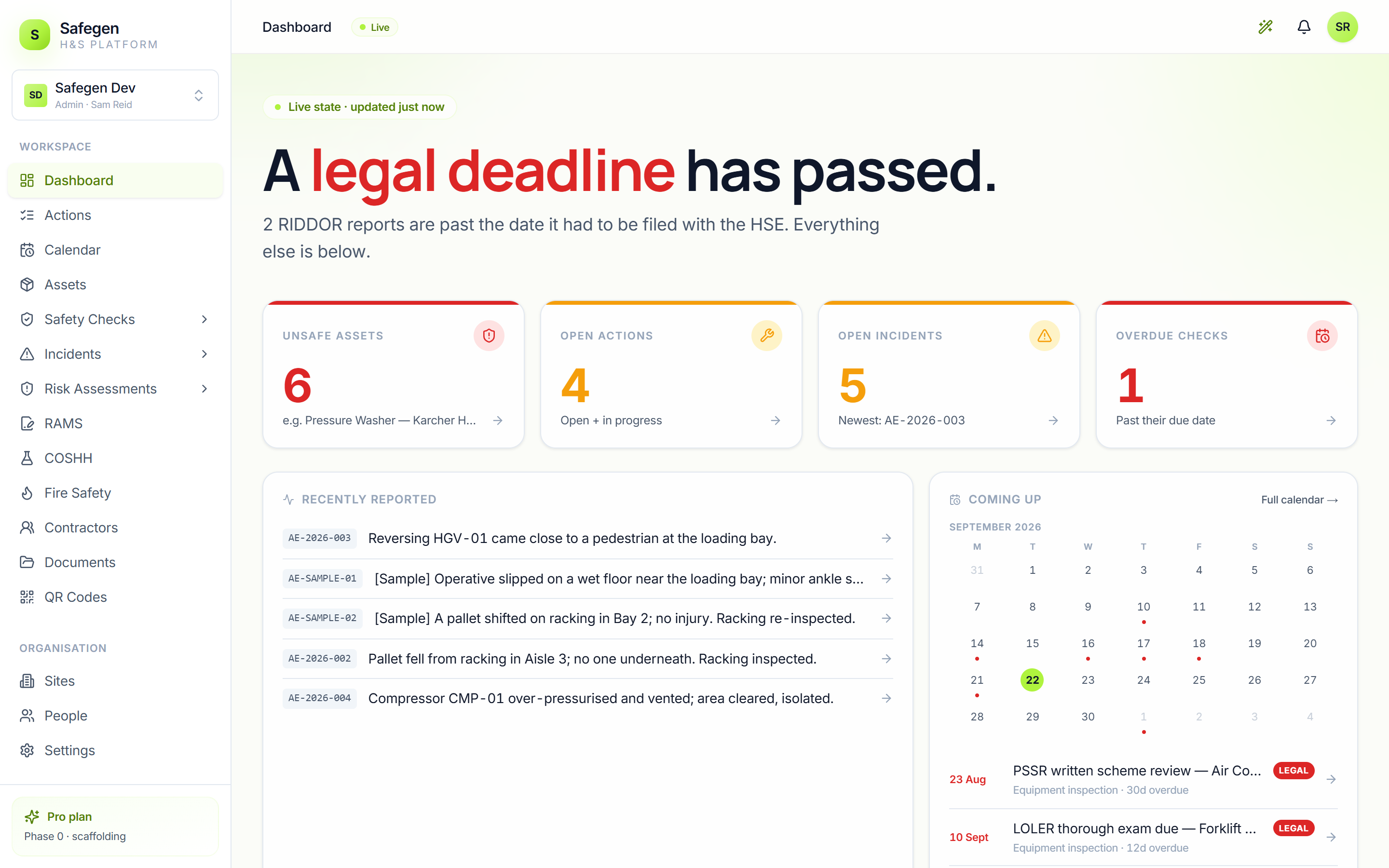 Safegen dashboard showing what needs attention today, ranked with statutory items first