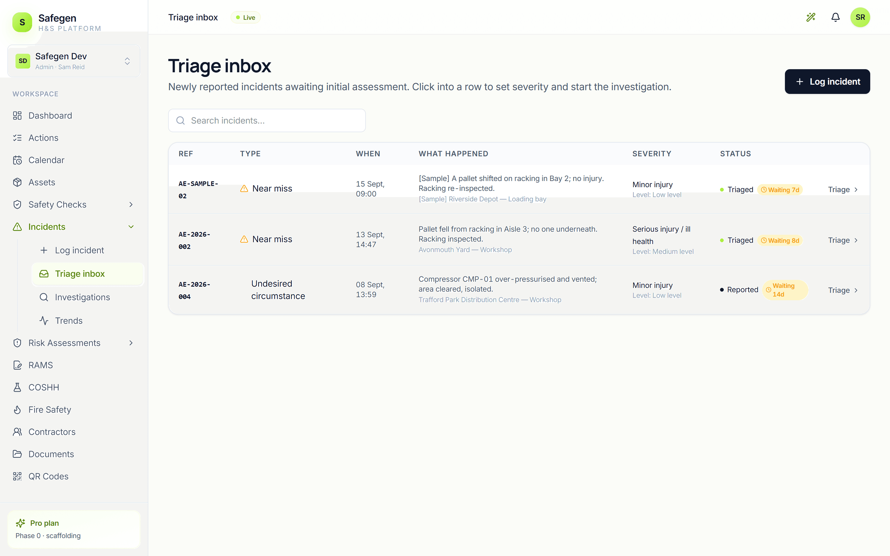 The incident register with RIDDOR status and deadlines