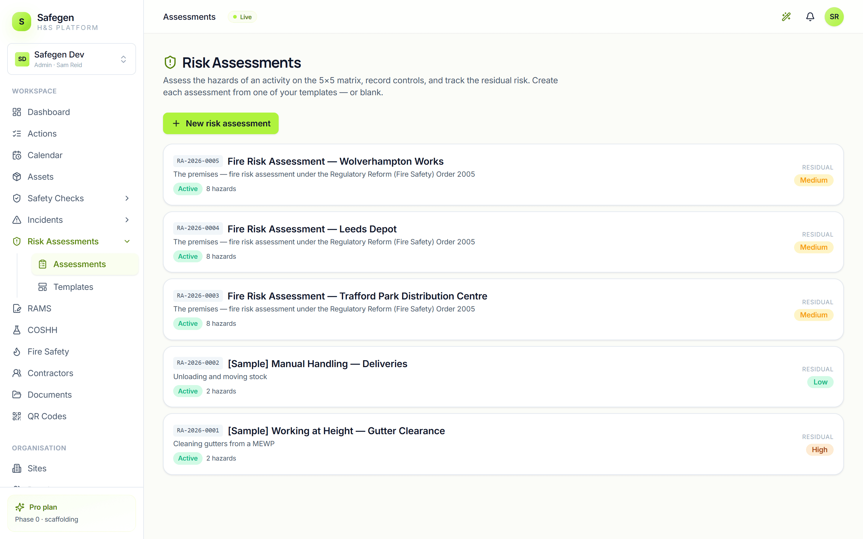 A risk assessment with hazards scored on the 5x5 matrix