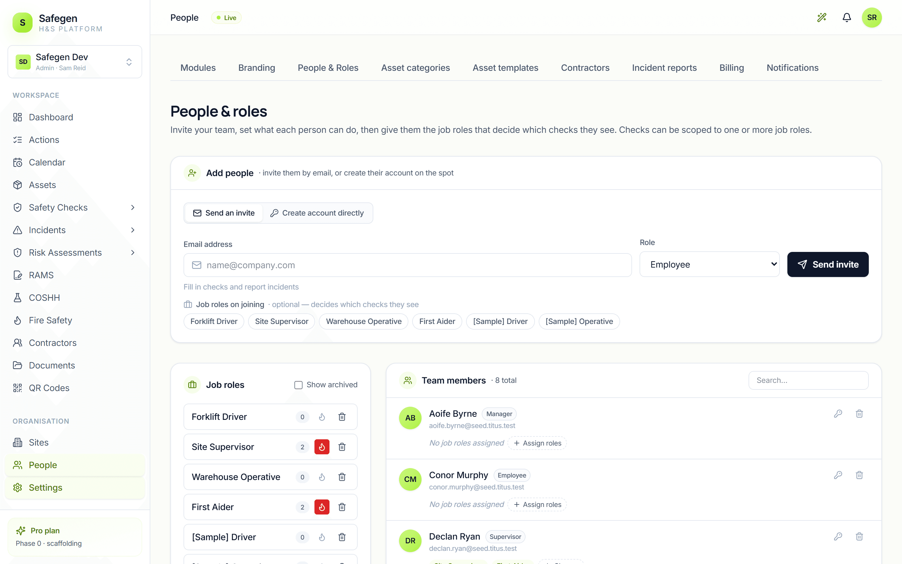 People and job roles settings in Safegen